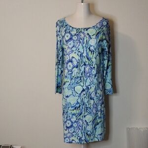 Lilly Pulitzer Marlowe 3/4 Sleeve Tshirt Dress Indigo Sunset Swim Print Size L